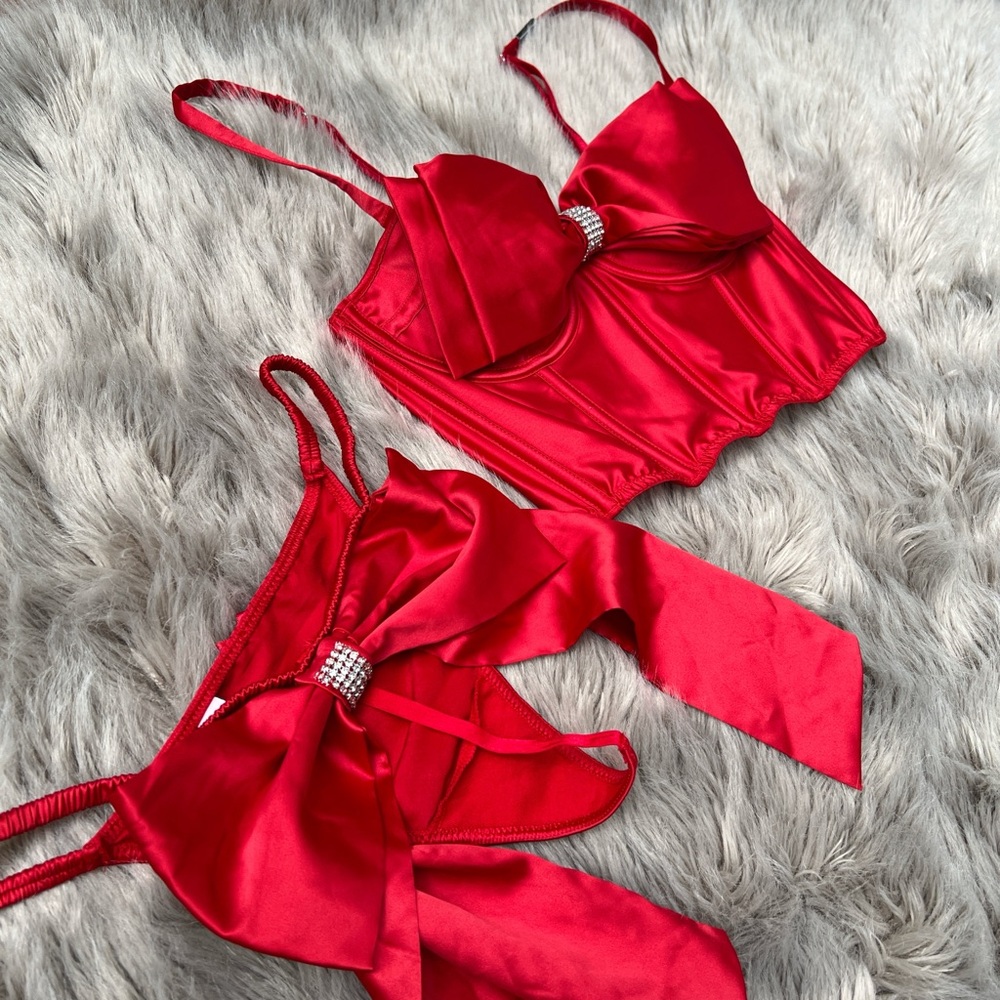 Victoria's Secret Red Satin Lingerie Set with Rhinestone Accent